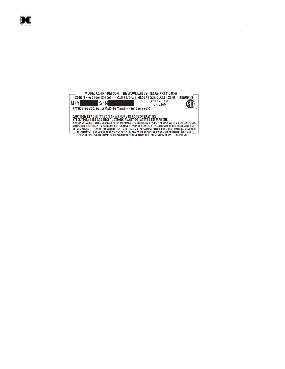 Installation, Sensor placement, Figure 6 approval label | Detcon CX-IR User Manual | Page 8 / 38