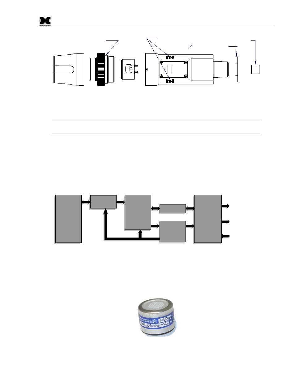 1 cxt-dm intelligent transmitter module, 2 field replaceable sensor, Cxt-dm intelligent transmitter module | Field replaceable sensor, Figure 4 sensor assembly breakaway, Figure 5 functional block diagram, Figure 6 plug-in sensor | Detcon CXT-DM User Manual | Page 7 / 56