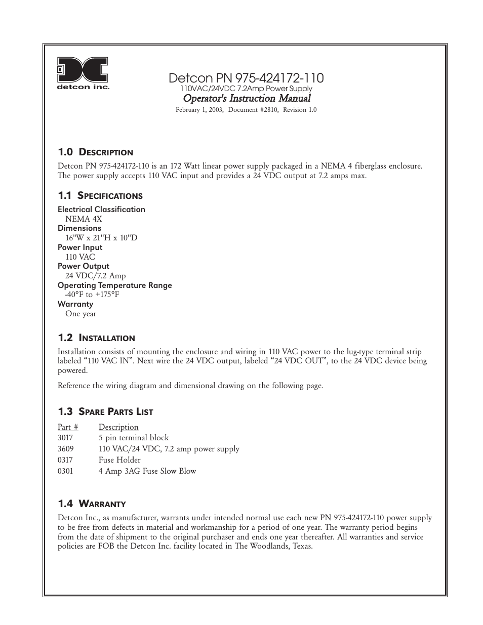 Detcon NEMA 4X, 24VDC, 6.25 amp, 150 Watts User Manual | 2 pages