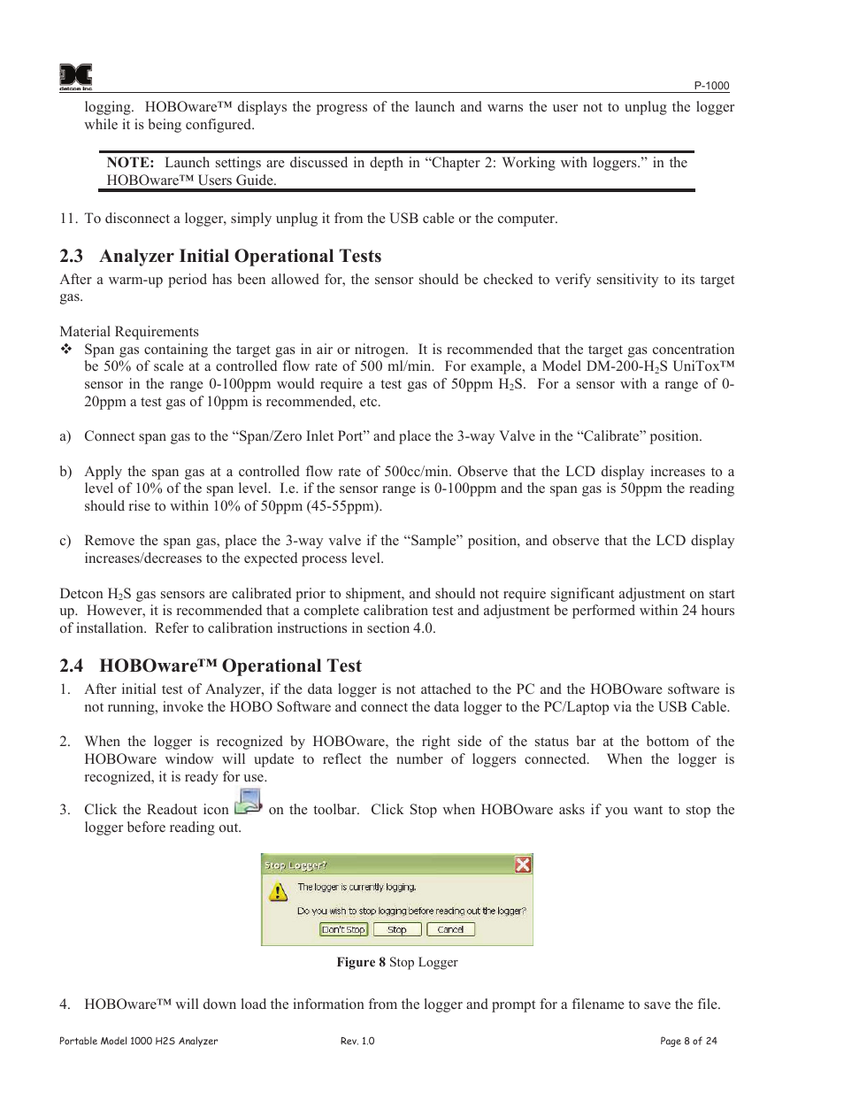 3 analyzer initial operational tests, 4 hoboware™ operational test | Detcon P-1000 User Manual | Page 12 / 28
