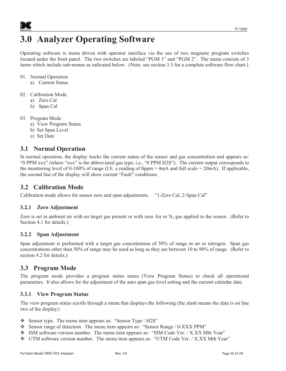0 analyzer operating software, 1 normal operation, 2 calibration mode | 3 program mode | Detcon P-1000 User Manual | Page 14 / 28