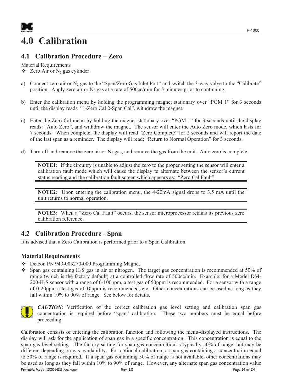 0 calibration, 1 calibration procedure – zero, 2 calibration procedure - span | Detcon P-1000 User Manual | Page 18 / 28