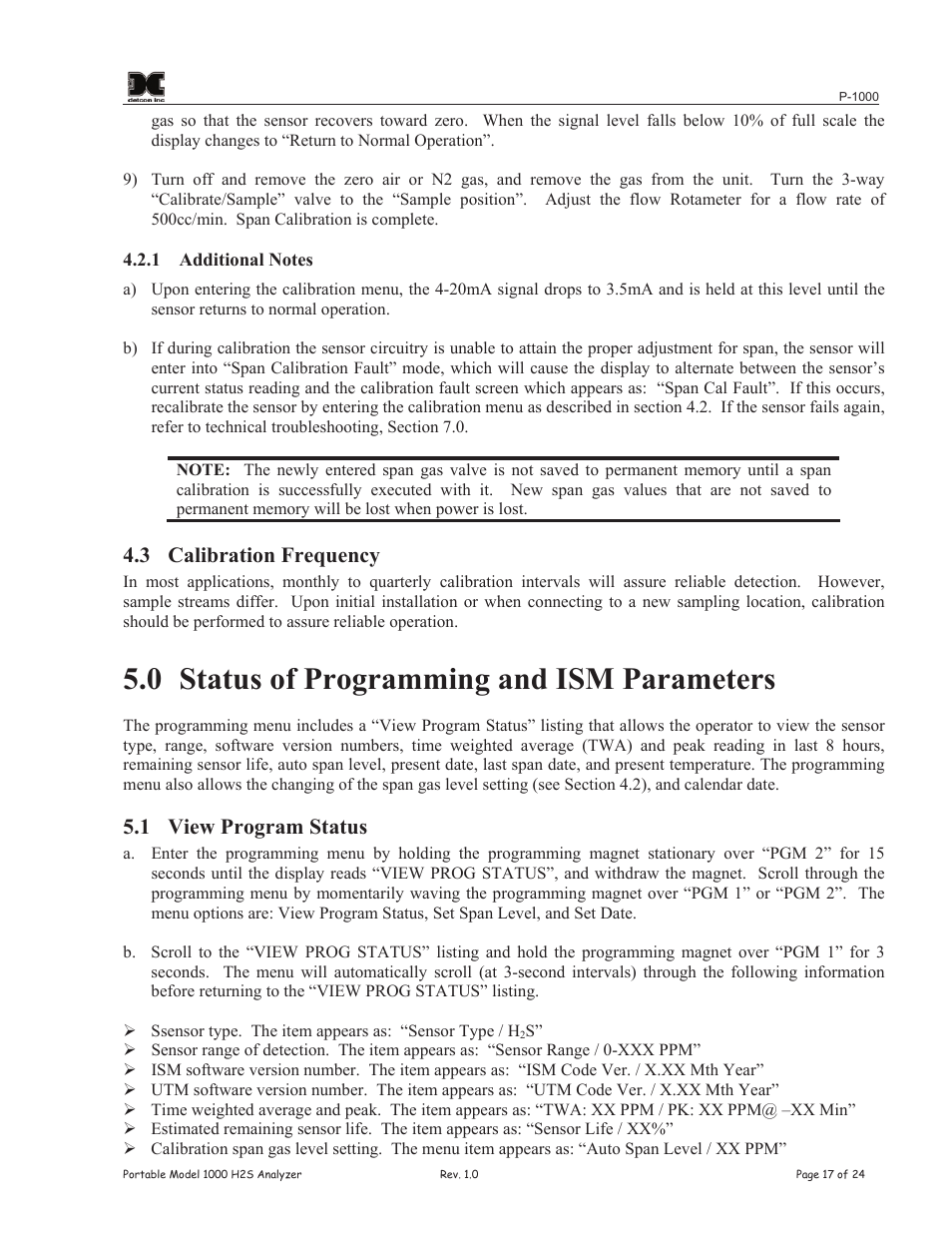 0 status of programming and ism parameters, 3 calibration frequency, 1 view program status | Detcon P-1000 User Manual | Page 21 / 28