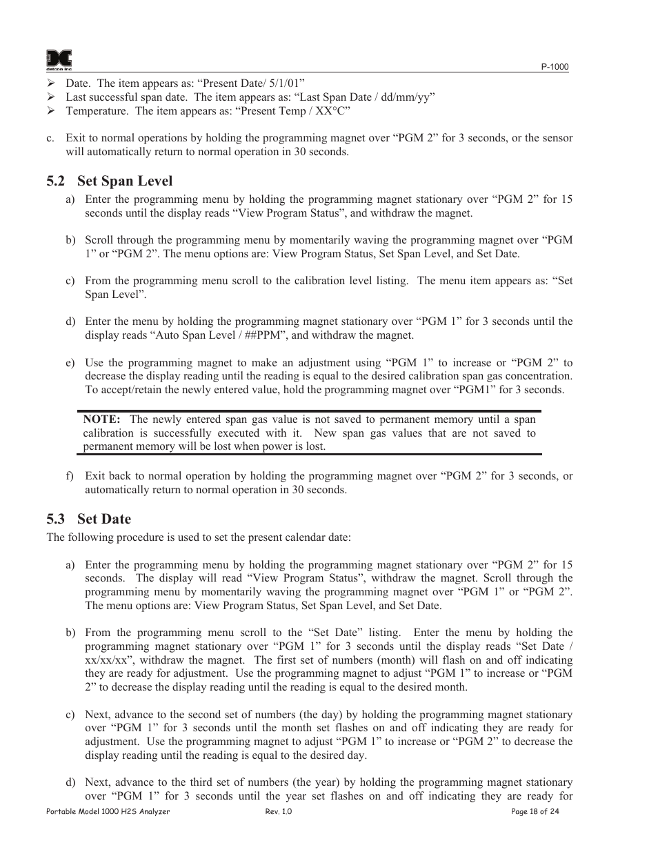 2 set span level, 3 set date | Detcon P-1000 User Manual | Page 22 / 28