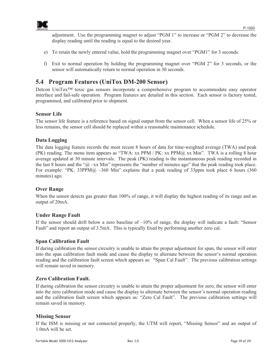 4 program features (unitox dm-200 sensor) | Detcon P-1000 User Manual | Page 23 / 28