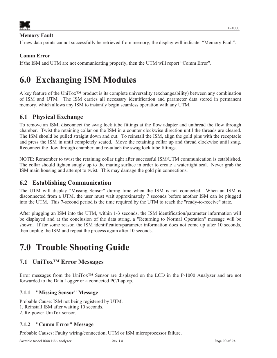 0 exchanging ism modules, 0 trouble shooting guide | Detcon P-1000 User Manual | Page 24 / 28