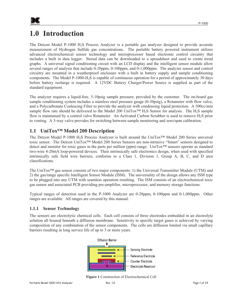 0 introduction, 1 unitox™ model 200 description | Detcon P-1000 User Manual | Page 5 / 28