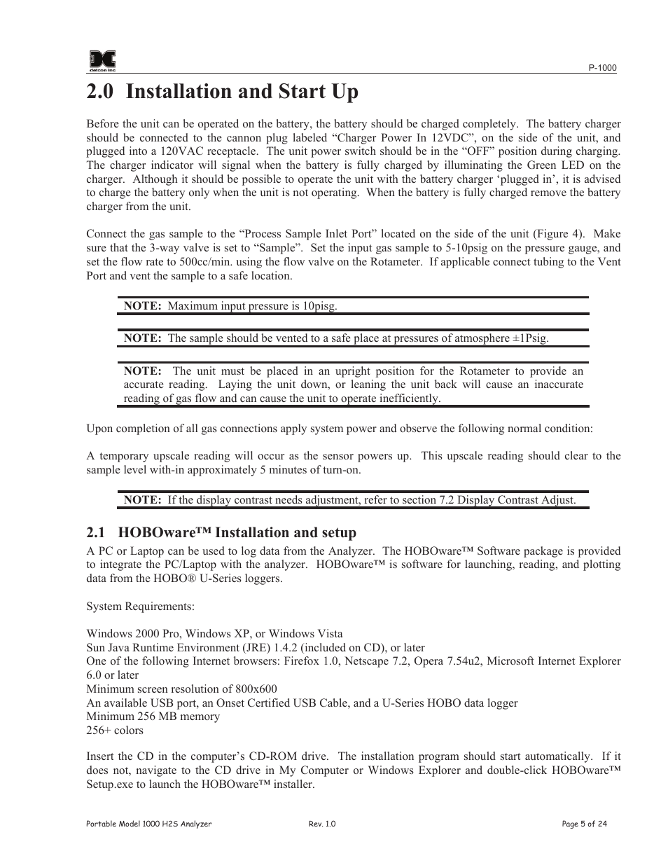 0 installation and start up, 1 hoboware™ installation and setup | Detcon P-1000 User Manual | Page 9 / 28