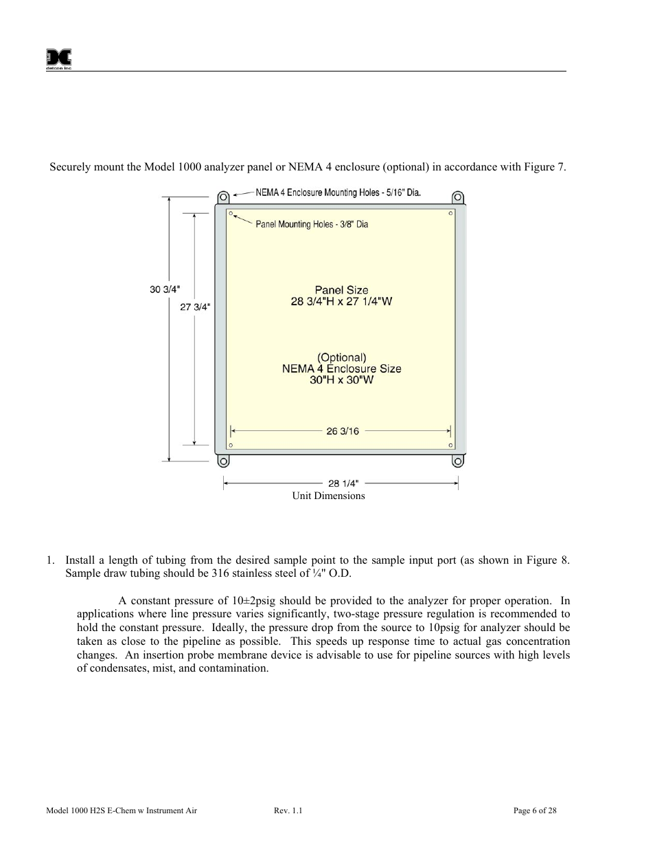 Installation, 1 mounting, 2 gas connections and sampling system notes | Mounting, Gas connections and sampling system notes, Figure 7 unit dimensions | Detcon 1000 User Manual | Page 10 / 32