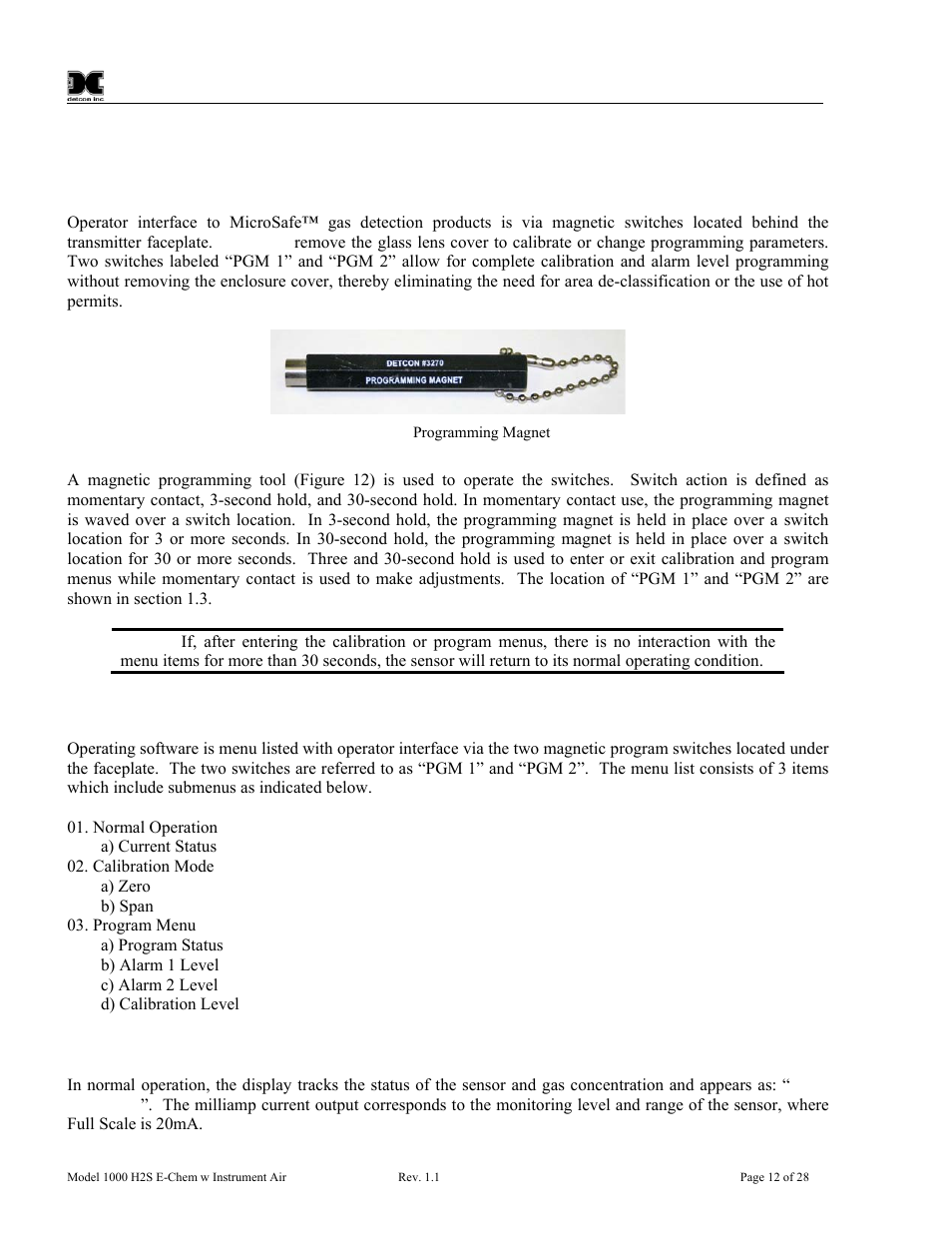 Operating software, 1 programming magnet operating instructions, 2 operating software | 1 normal operation, Programming magnet operating instructions, Normal operation, Figure 12 programming magnet | Detcon 1000 User Manual | Page 16 / 32