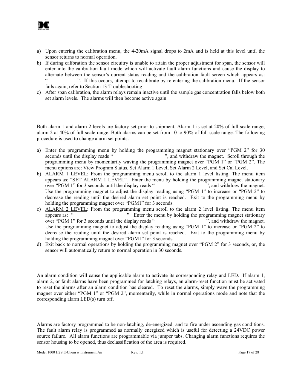 Programming alarms, 1 alarm reset, 2 other alarm functions | Alarm reset, Other alarm functions | Detcon 1000 User Manual | Page 21 / 32
