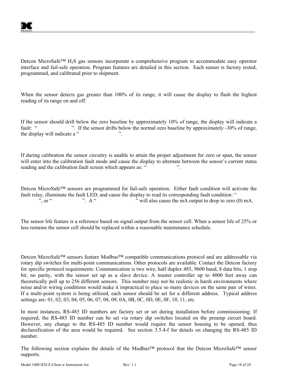 Programming features, Rs-485 protocol | Detcon 1000 User Manual | Page 22 / 32