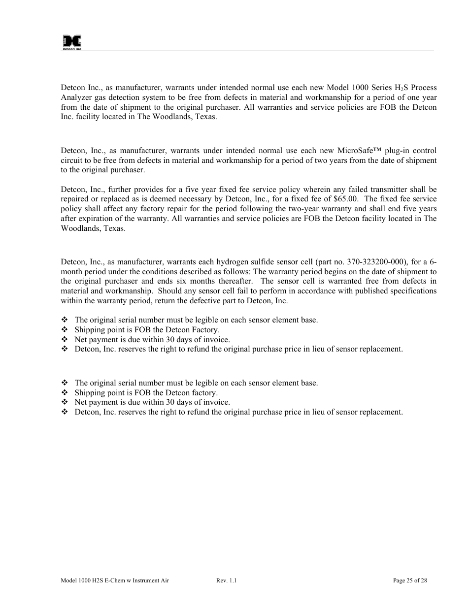 Warranty | Detcon 1000 User Manual | Page 29 / 32