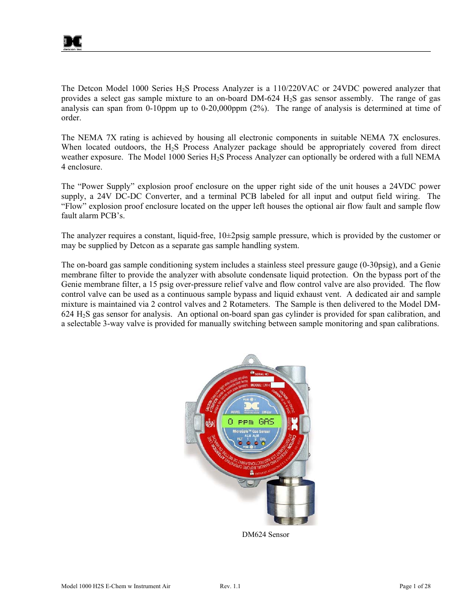 Introduction, 1 dm-624 sensor, Dm-624 sensor | Figure 1 dm624 sensor | Detcon 1000 User Manual | Page 5 / 32