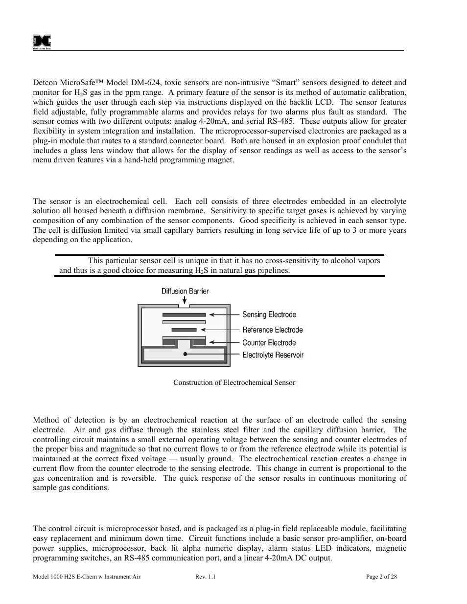 2 electrochemical sensor, 3 microprocessor control circuit, Electrochemical sensor | Microprocessor control circuit, Figure 2 construction of electrochemical sensor | Detcon 1000 User Manual | Page 6 / 32
