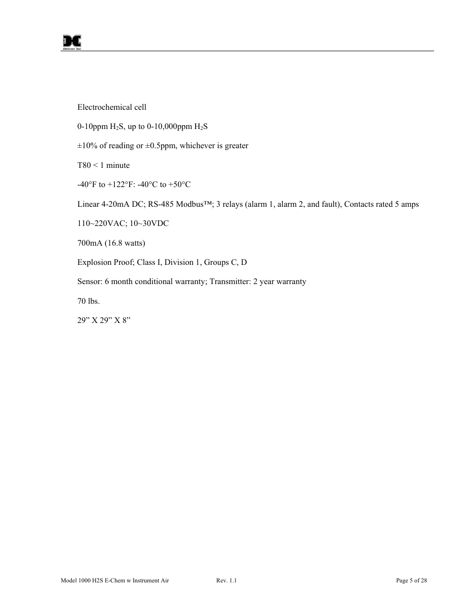 Specifications | Detcon 1000 User Manual | Page 9 / 32
