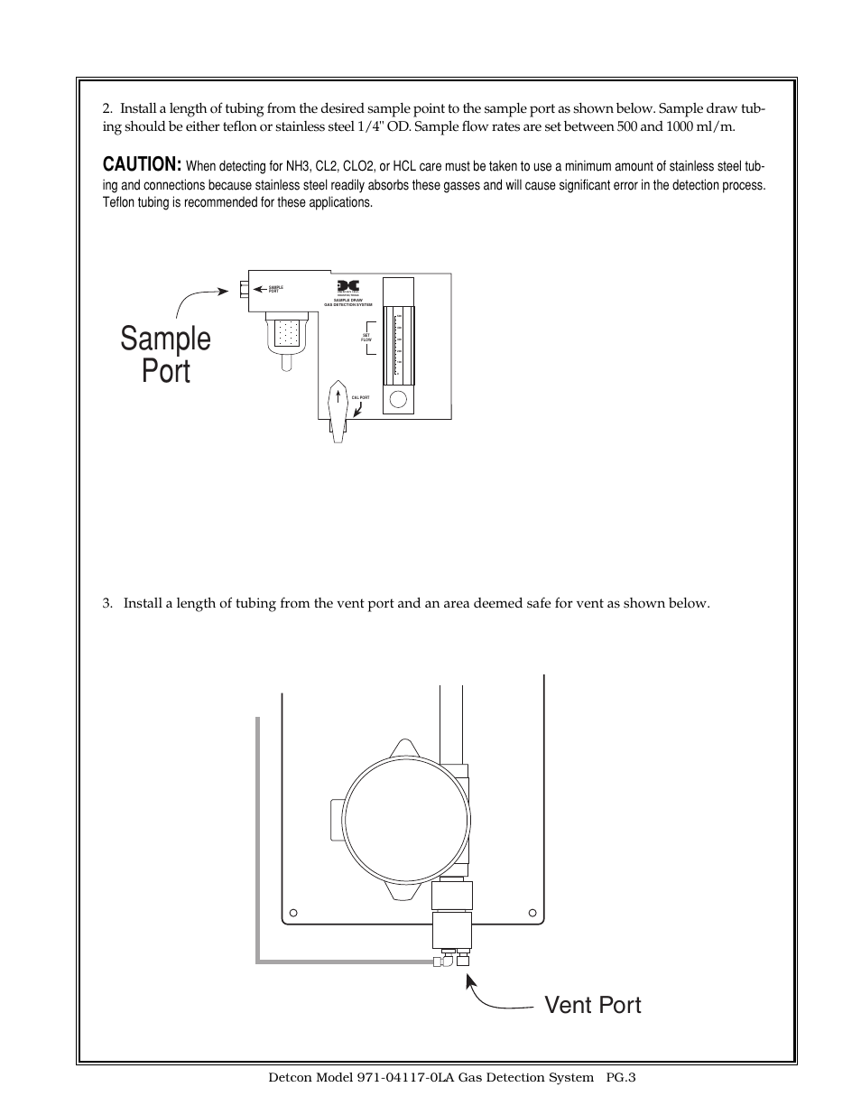 Sample port, Vent port, Caution | Detcon 971-04117-0LA User Manual | Page 3 / 8