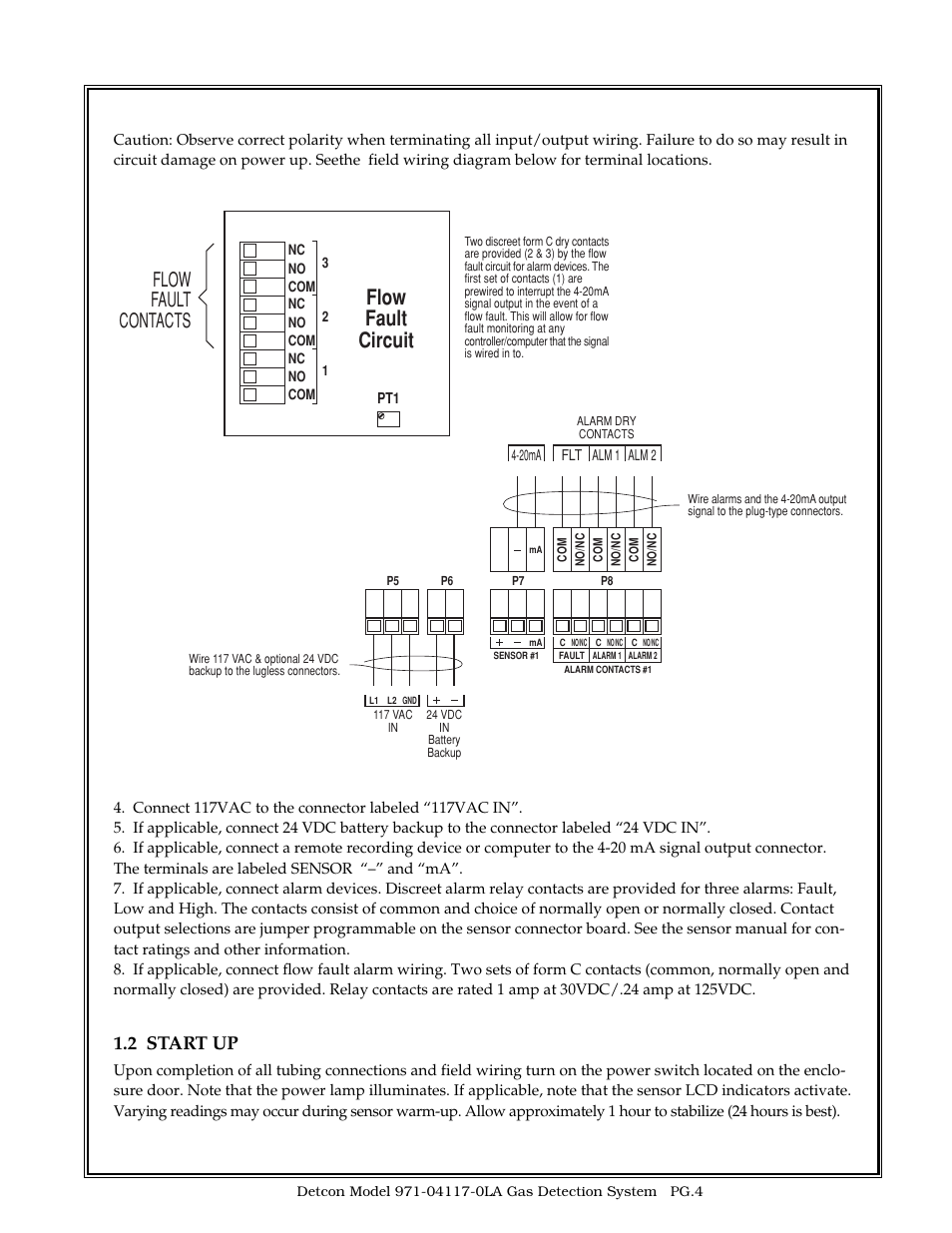 Flow fault circuit, Flow fault contacts, 2 start up | Detcon 971-04117-0LA User Manual | Page 4 / 8