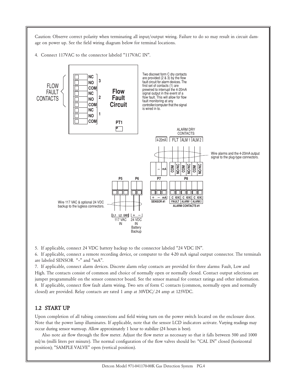 Flow fault circuit, Flow fault contacts, 2 start up | Detcon 971-041170-00K User Manual | Page 4 / 8