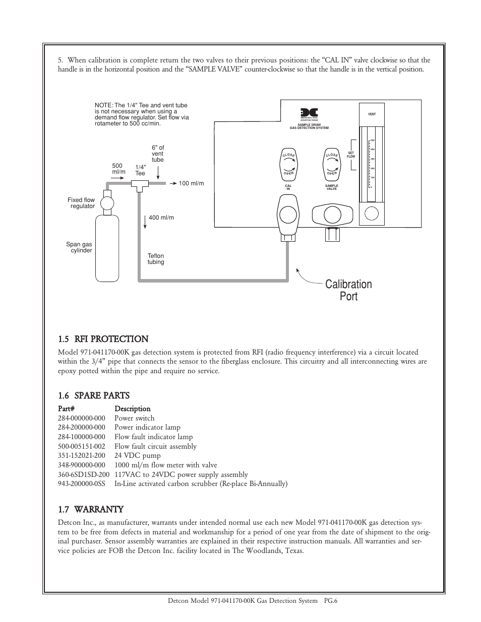 Calibration port, 5 rfi protection, 6 spare parts | 7 warranty | Detcon 971-041170-00K User Manual | Page 6 / 8