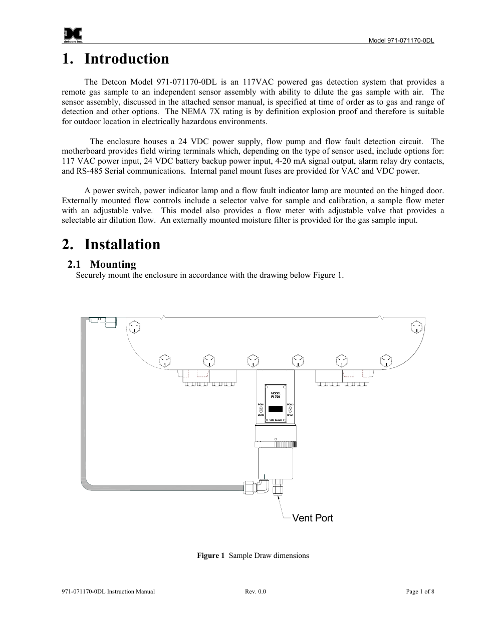 Introduction, Installation, Mounting | Figure 1 sample draw dimensions, 1 mounting, Vent port | Detcon 971-071170-0DL User Manual | Page 5 / 12