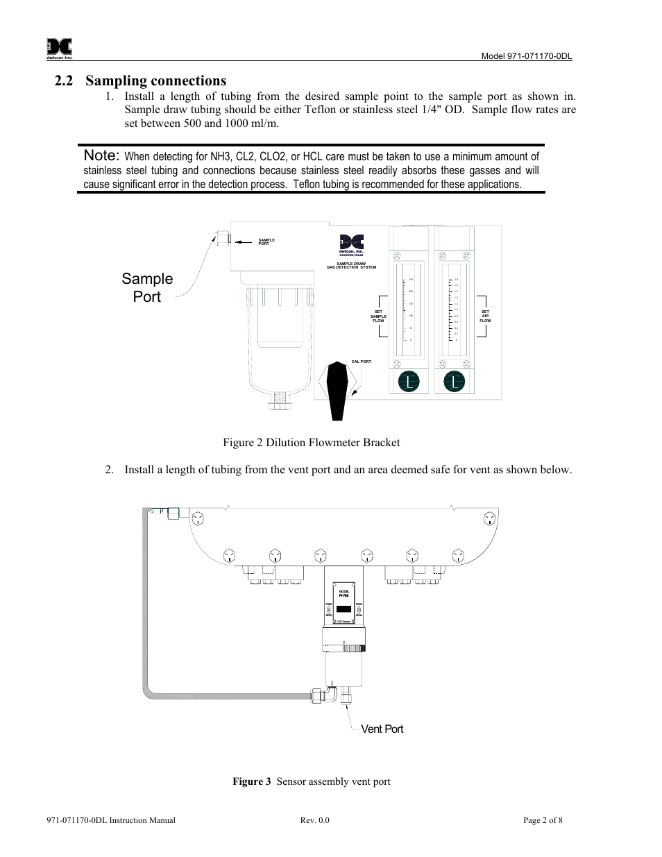 Sampling connections, Figure 2 dilution flowmeter bracket, Figure 3 sensor assembly vent port | Sample port, 2 sampling connections, Vent port | Detcon 971-071170-0DL User Manual | Page 6 / 12