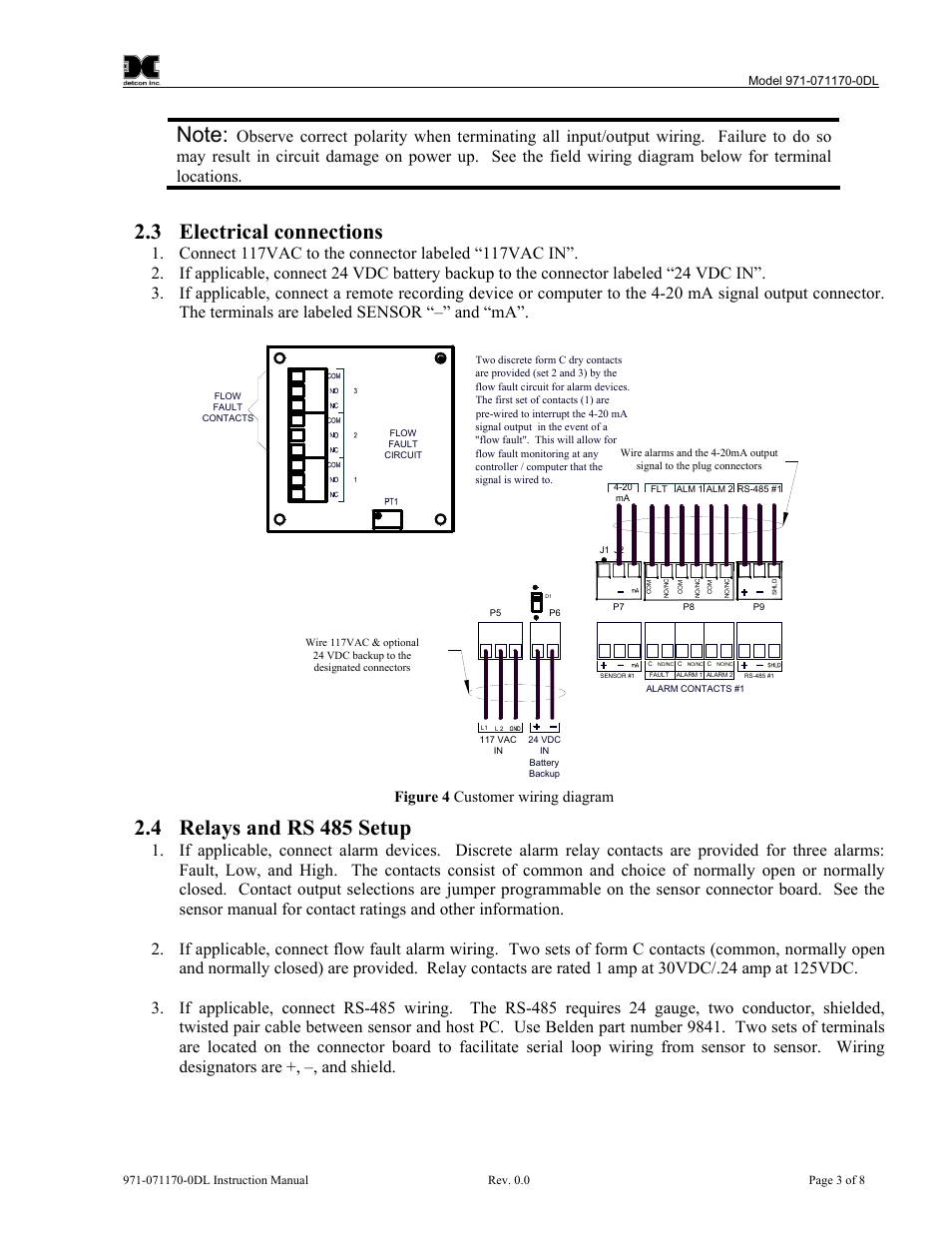 Electrical connections, Relays and rs 485 setup, Figure 4 customer wiring diagram | 3 electrical connections, 4 relays and rs 485 setup | Detcon 971-071170-0DL User Manual | Page 7 / 12