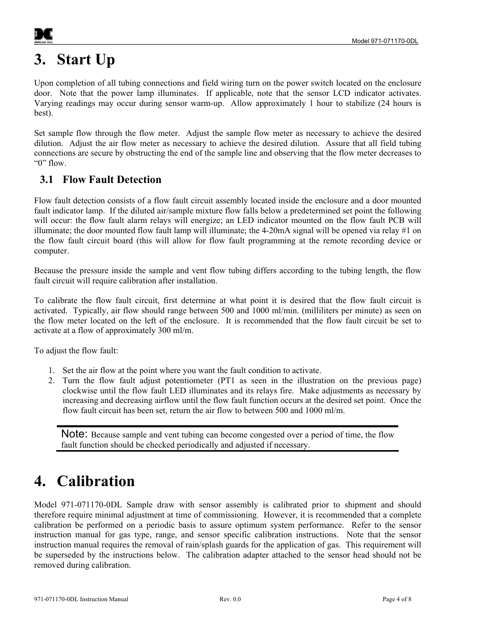 Start up, Flow fault detection, Calibration | Detcon 971-071170-0DL User Manual | Page 8 / 12