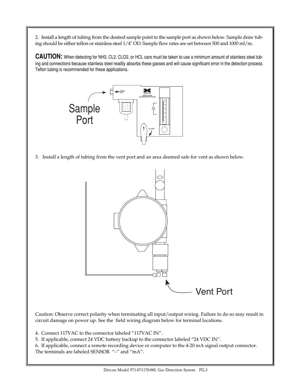Sample port, Vent port, Caution | Detcon 971-071170-00L User Manual | Page 3 / 7