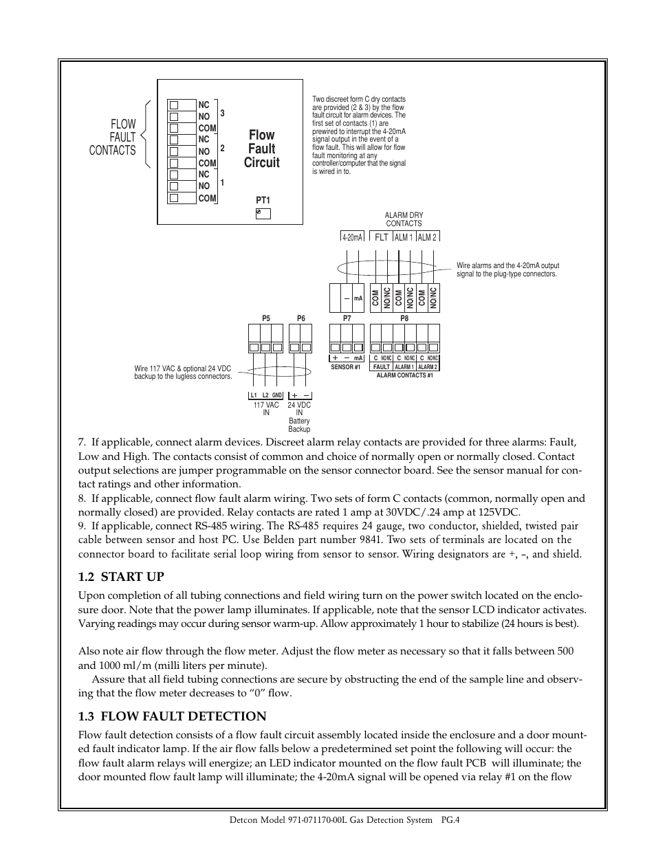 Flow fault circuit, Flow fault contacts, 2 start up | 3 flow fault detection | Detcon 971-071170-00L User Manual | Page 4 / 7