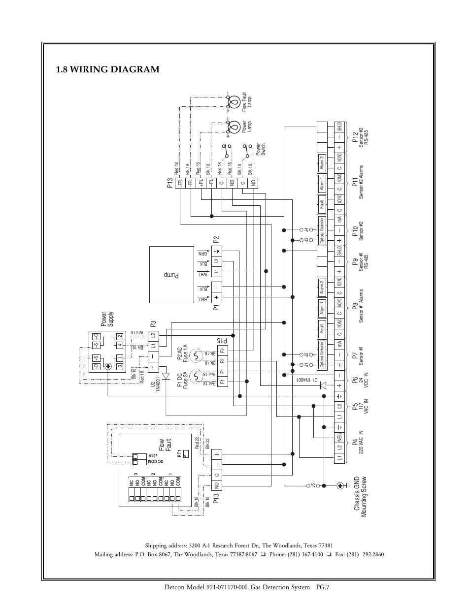 8 wiring diagram, Chassis gnd mounting screw p5, P1 1 | Pump p1 p2, P13 flow fault, P3 power supply | Detcon 971-071170-00L User Manual | Page 7 / 7