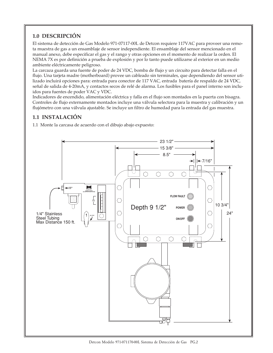 Depth 9 1/2, 0 descripción, 1 instalación | Detcon 971-07117-00L User Manual | Page 2 / 8