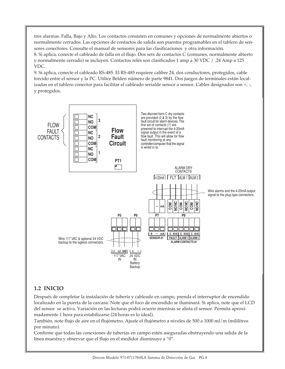 Flow fault circuit, Flow fault contacts, 2 inicio | Detcon 971-07117-0LA User Manual | Page 4 / 8