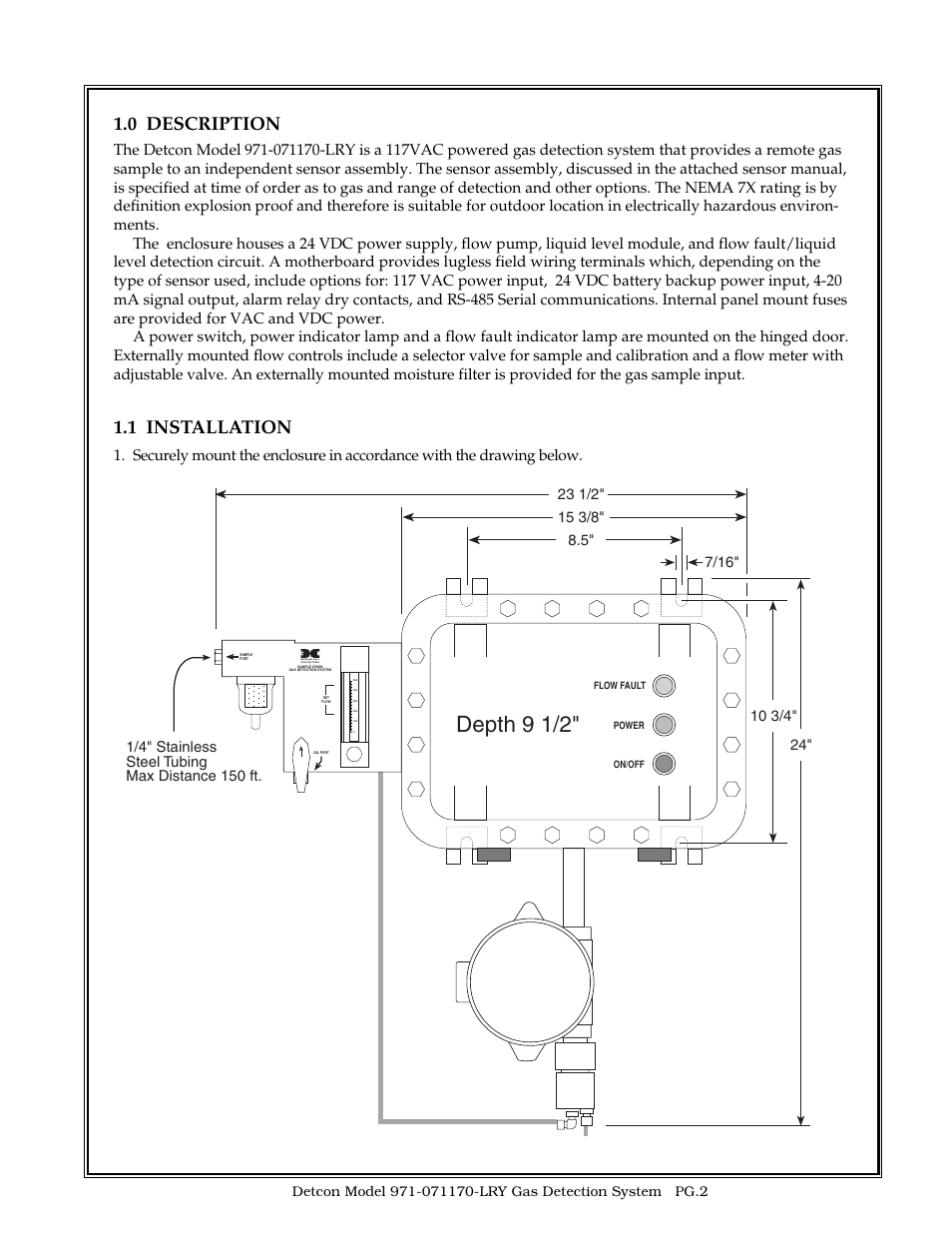 Depth 9 1/2, 0 description, 1 installation | Detcon 971-071170-LRY User Manual | Page 2 / 8