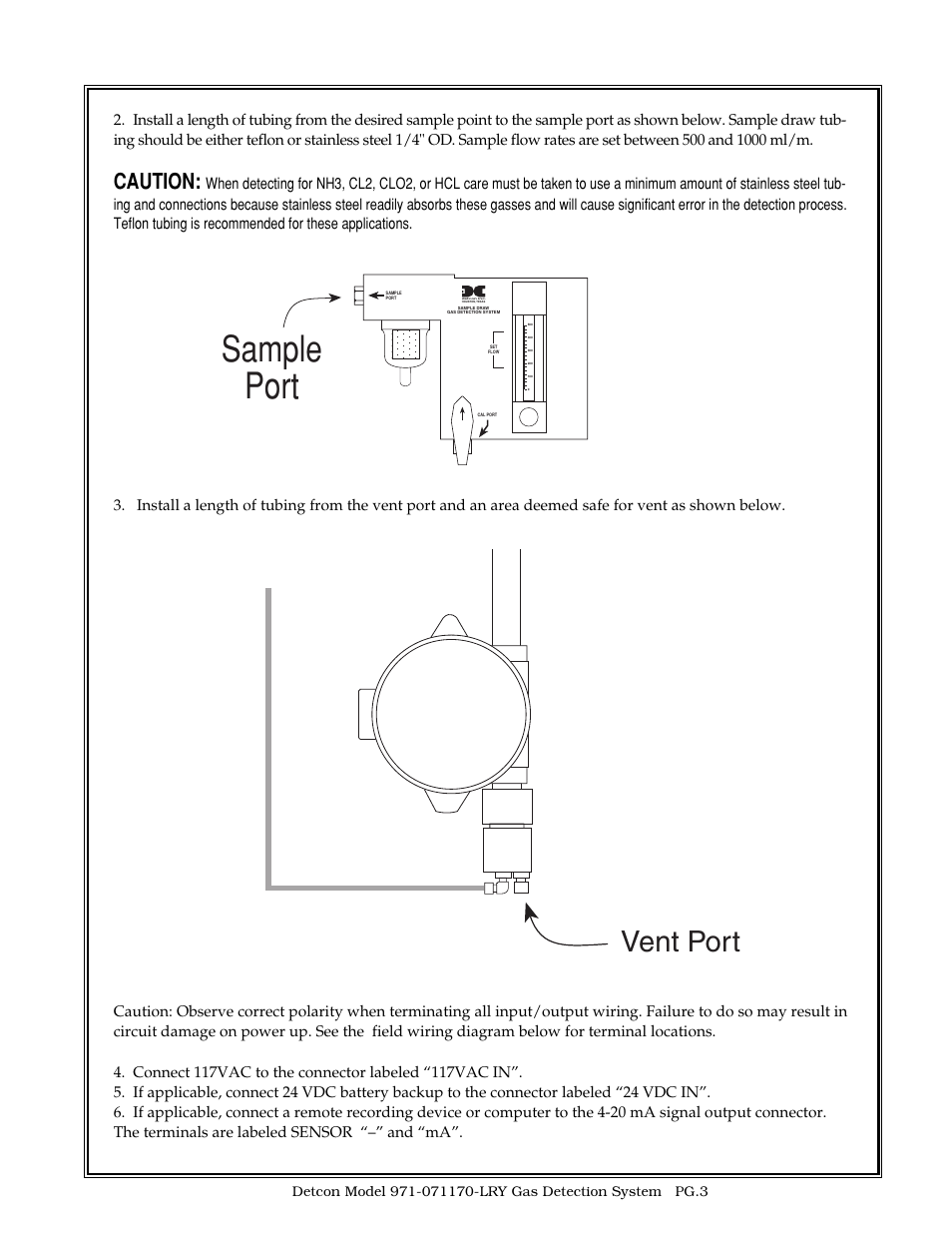 Sample port, Vent port, Caution | Detcon 971-071170-LRY User Manual | Page 3 / 8