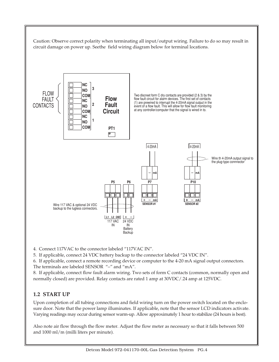 Flow fault circuit, Flow fault contacts, 2 start up | Detcon 972-041170-00L User Manual | Page 4 / 8