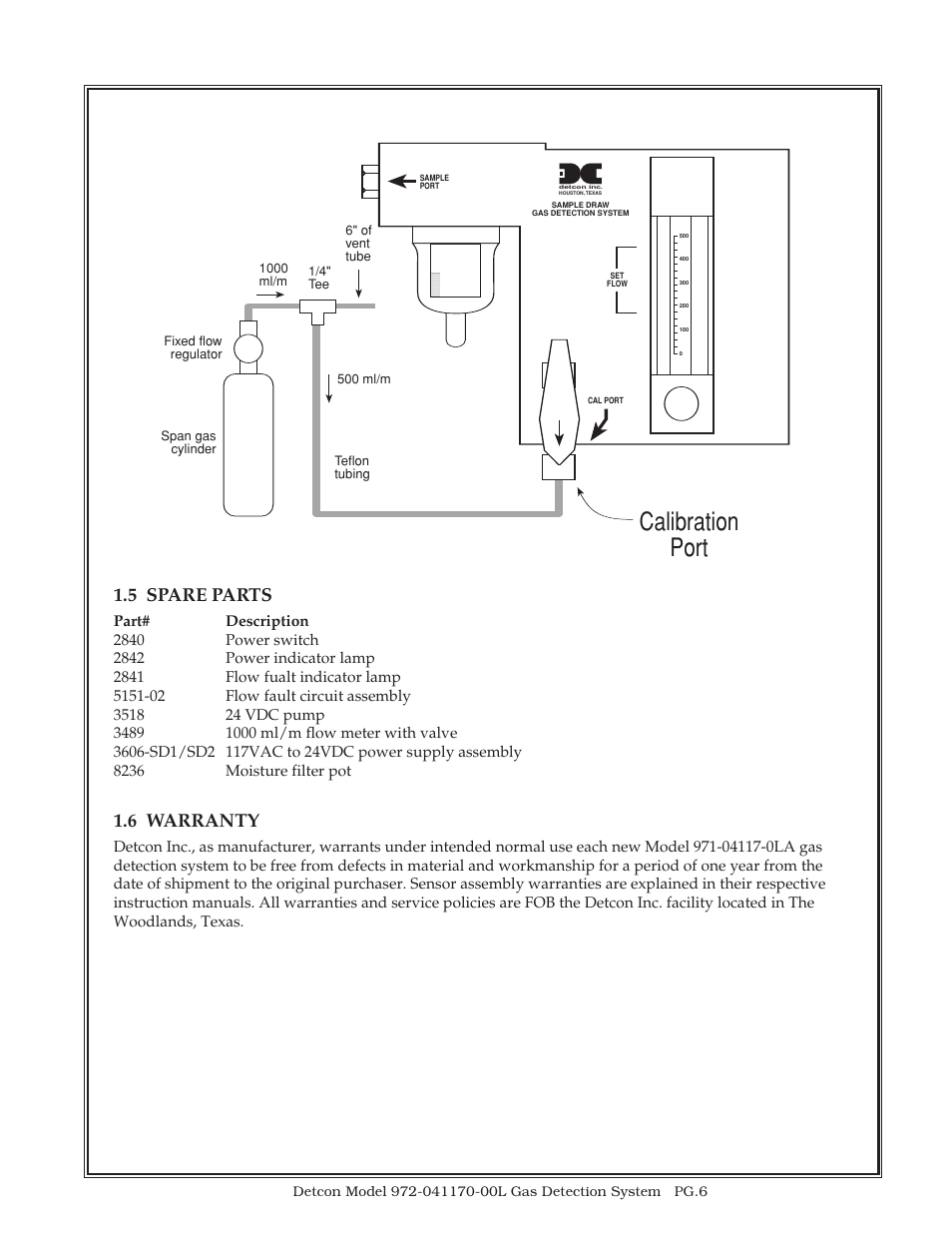 Calibration port, 5 spare parts, 6 warranty | Detcon 972-041170-00L User Manual | Page 6 / 8