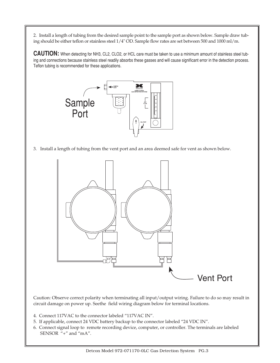 Sample port, Vent port, Caution | Detcon 972-071170-0LC User Manual | Page 3 / 7