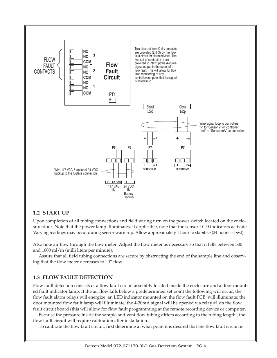 Flow fault circuit, Flow fault contacts, 2 start up | 3 flow fault detection | Detcon 972-071170-0LC User Manual | Page 4 / 7