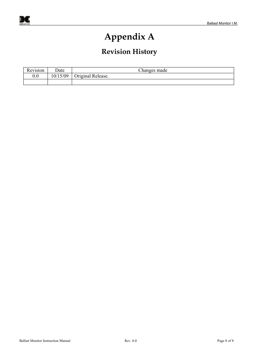 Appendix a, Revision history | Detcon 974-071170-BCR User Manual | Page 12 / 12