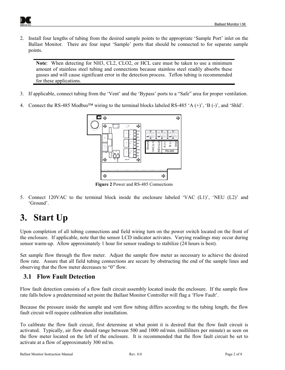 Start up, Flow fault detection, Figure 2 power and rs-485 connections | 1 flow fault detection | Detcon 974-071170-BCR User Manual | Page 6 / 12