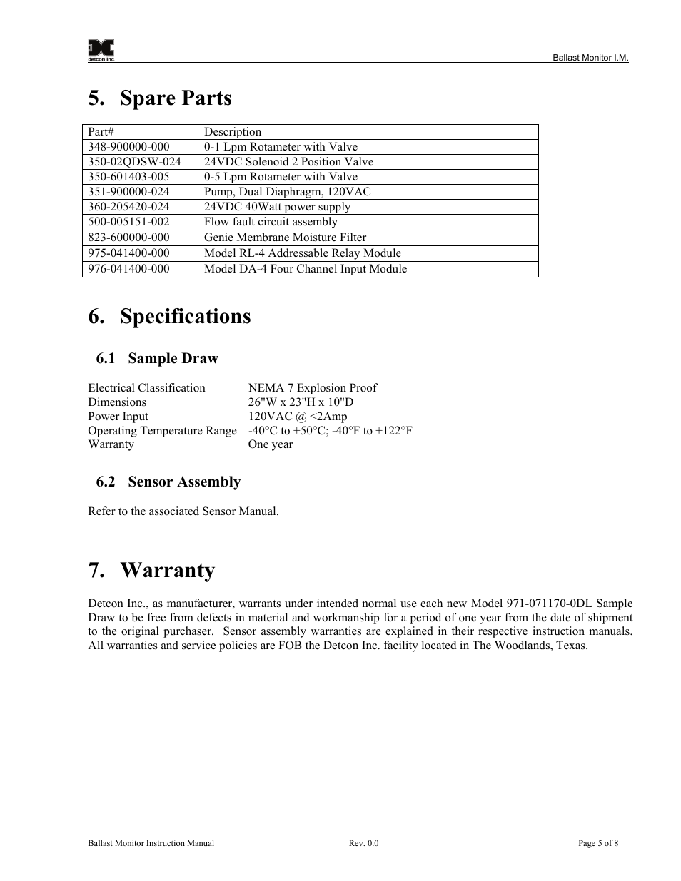 Spare parts, Specifications, Sample draw | Sensor assembly, Warranty, 1 sample draw, 2 sensor assembly | Detcon 974-071170-BCR User Manual | Page 9 / 12