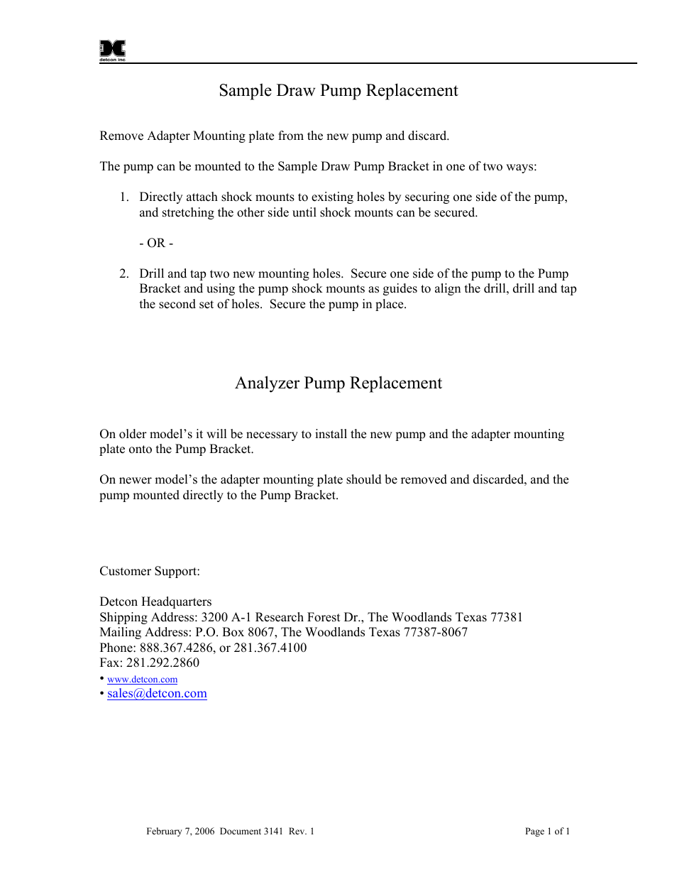 Detcon Sample Draw Pump Replacement User Manual | 1 page