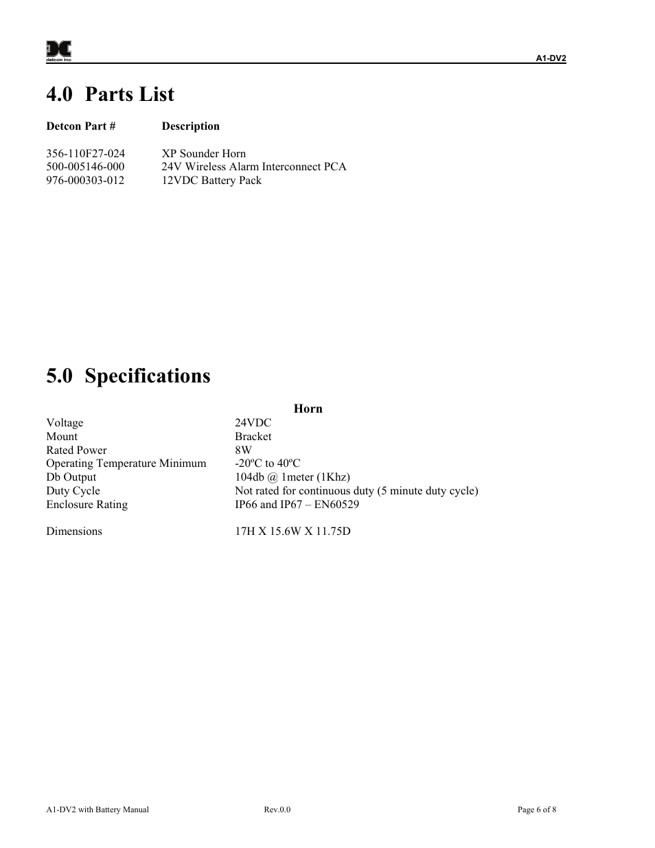 Parts list, Specifications, 0 parts list | 0 specifications | Detcon A1-DV2 User Manual | Page 10 / 16