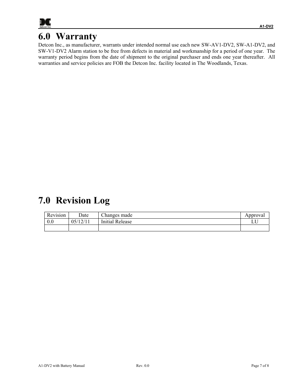 Warranty, Revision log, 0 warranty | 0 revision log | Detcon A1-DV2 User Manual | Page 11 / 16