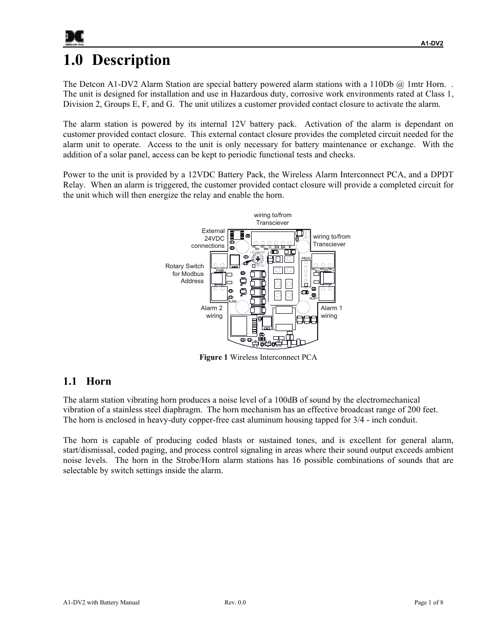 Description, Horn, Figure 1 wireless interconnect pca | 0 description, 1 horn | Detcon A1-DV2 User Manual | Page 5 / 16