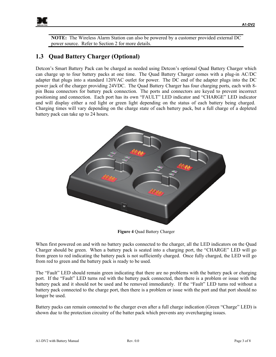 Quad battery charger (optional), Figure 4 quad battery charger, 3 quad battery charger (optional) | Detcon A1-DV2 User Manual | Page 7 / 16