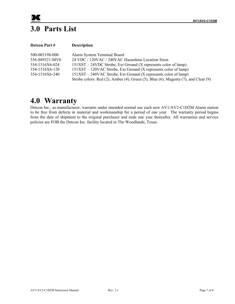 Parts list, Warranty, 0 parts list | 0 warranty | Detcon AV2-C1D2M User Manual | Page 11 / 12