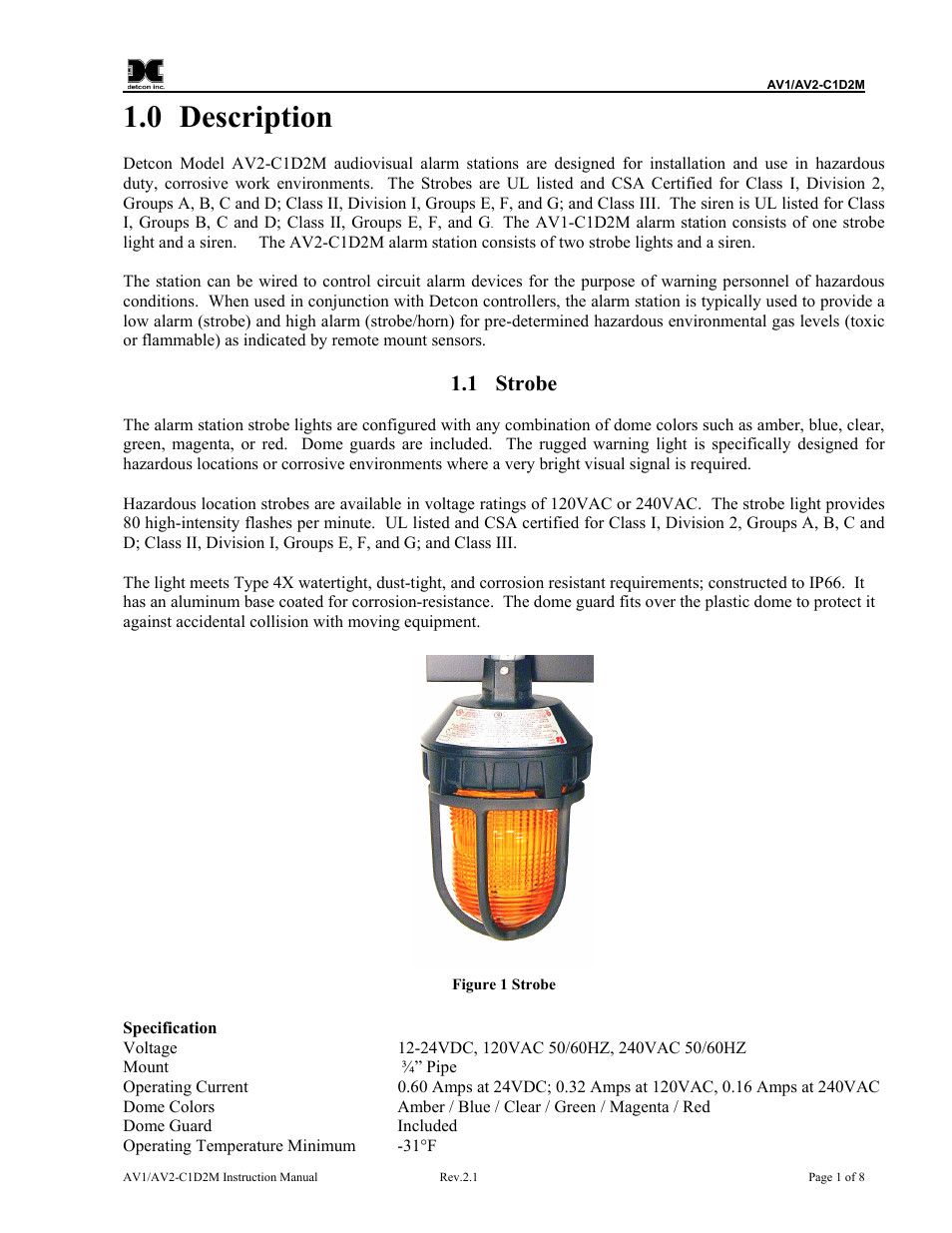 Description, Strobe, Figure 1 strobe | 0 description, 1 strobe | Detcon AV2-C1D2M User Manual | Page 5 / 12