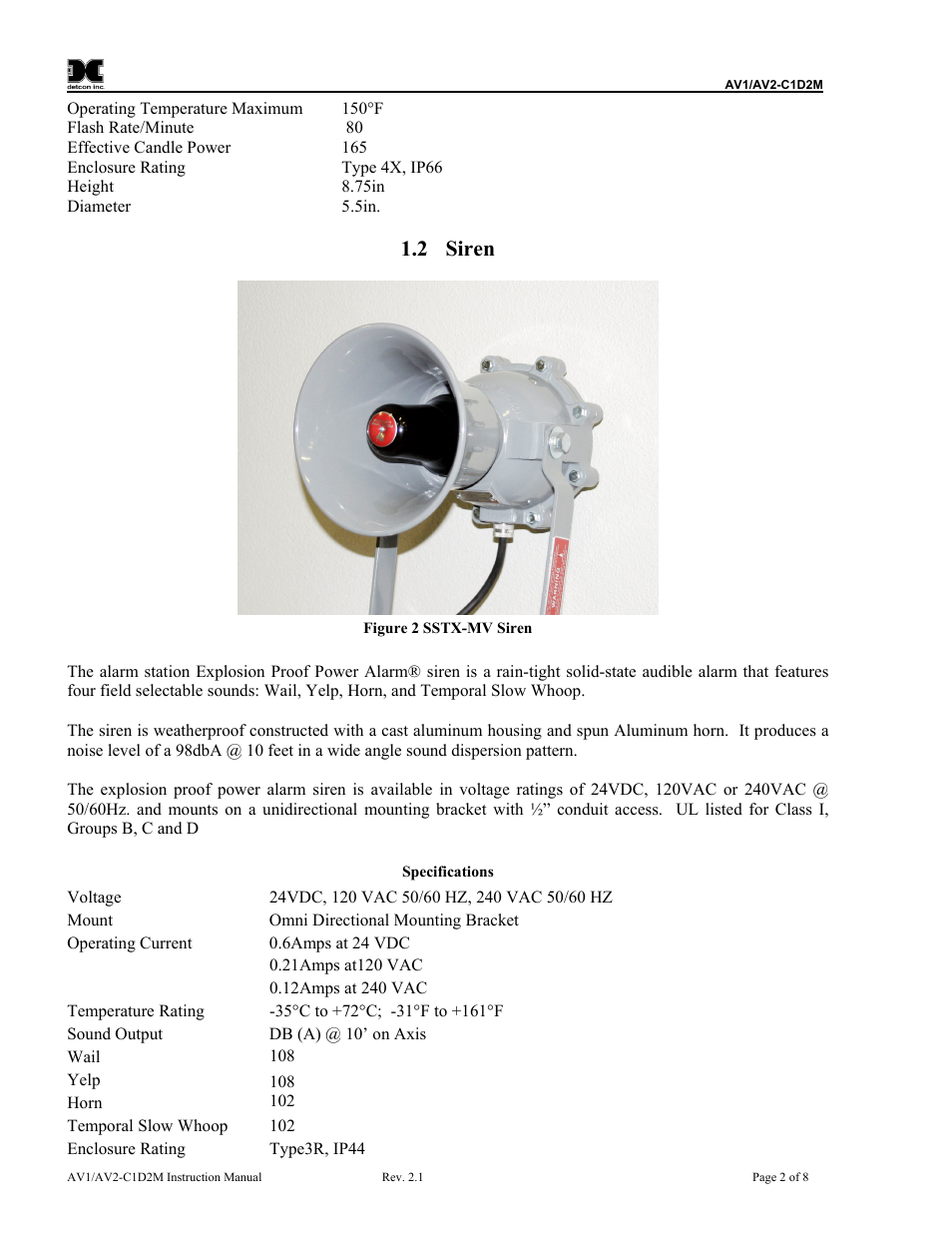 Siren, Figure 2 sstx-mv siren, 2 siren | Detcon AV2-C1D2M User Manual | Page 6 / 12